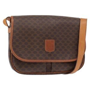 Authentic CELINE Macadam Canvas Shoulder Bag PVC Leather Brown Gold